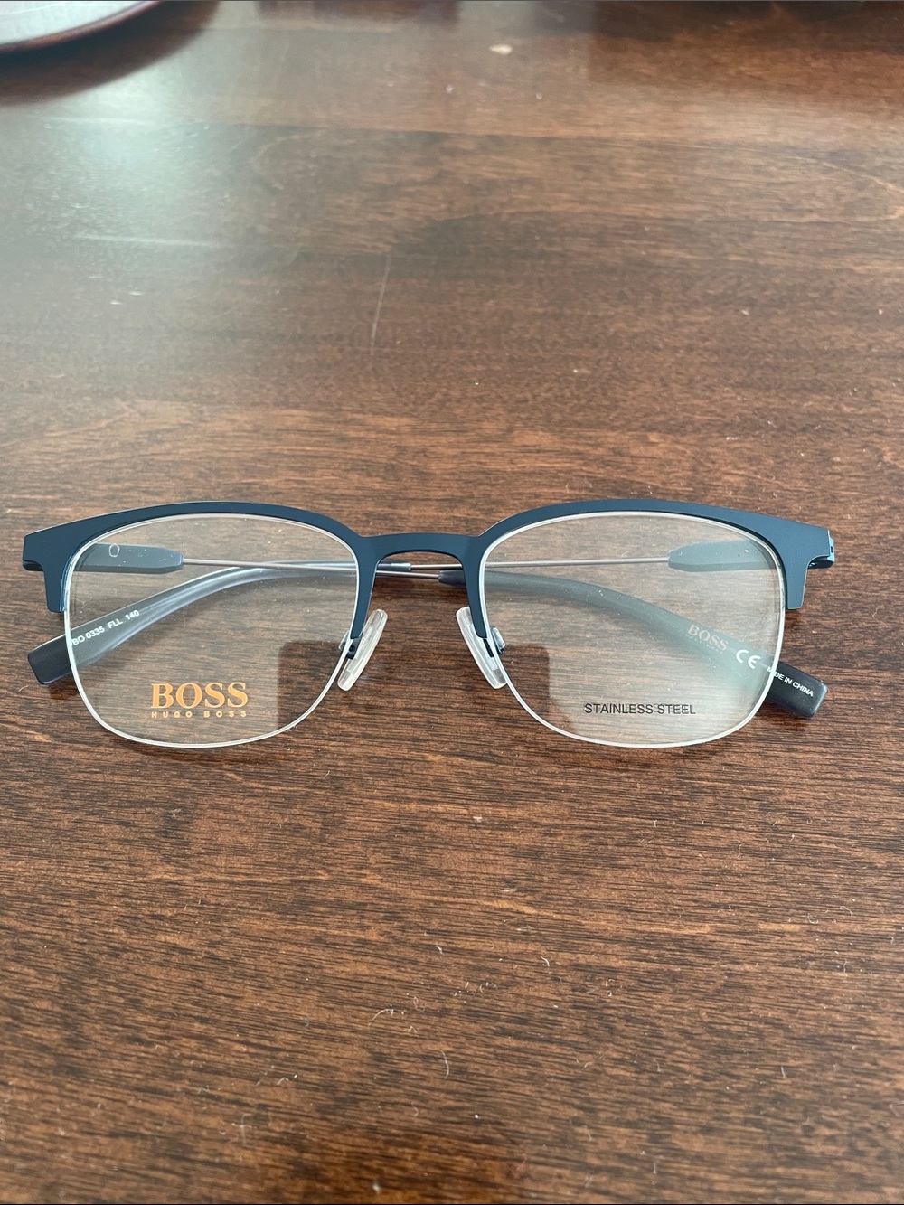 HUGO BOSS Men's Navy and Silver Rectangular Eyeglasses